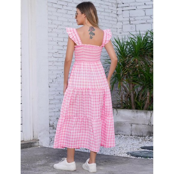 Mommy and Me Plaid Midi Dress Summer Square Neck Ruffle Flowy Beach Outfit - Picture 5 of 6